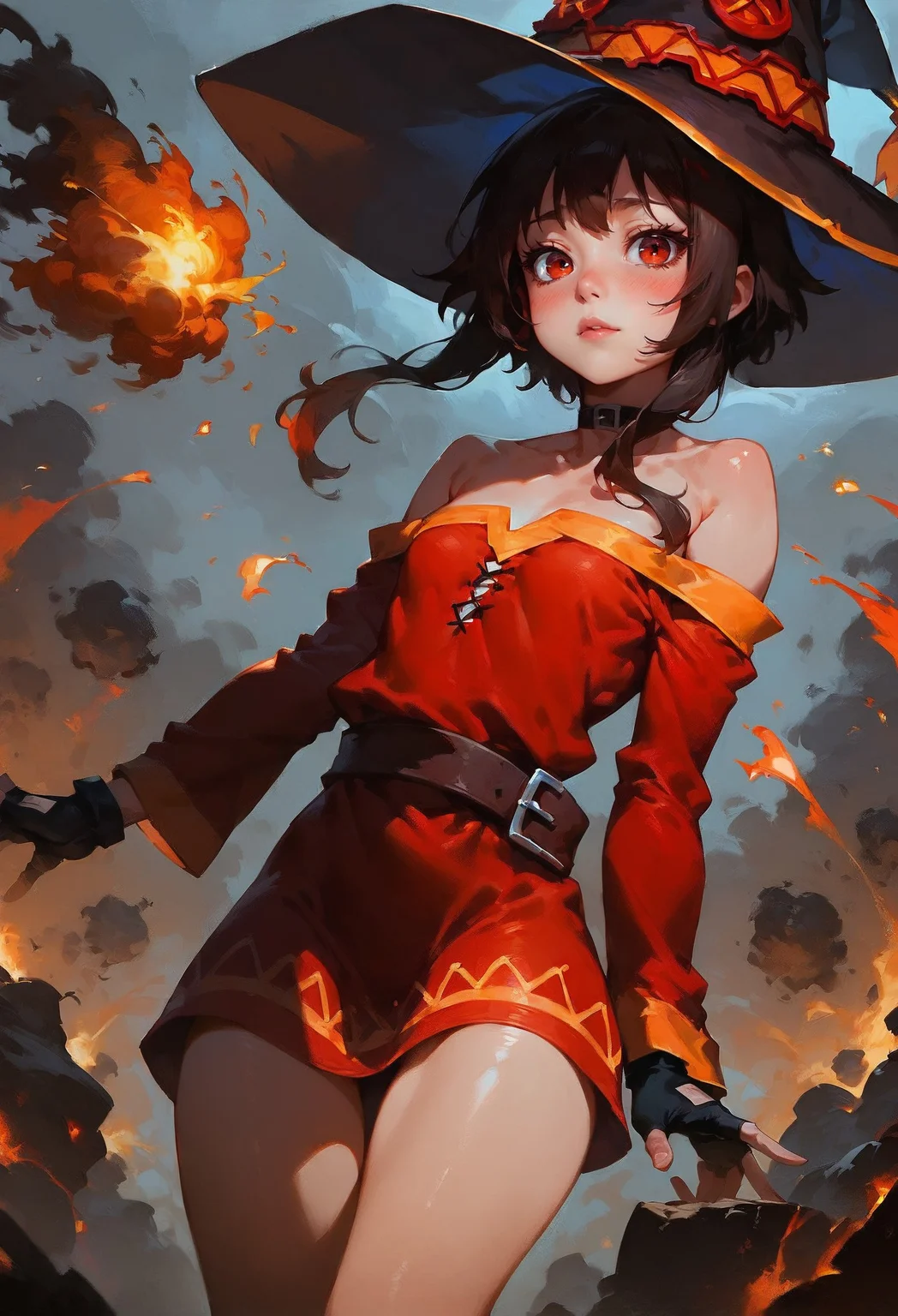 score_9, score_8_up, score_7_up, Slim girl, tiny breasts, narrow waist, wide hips, skinny, tiny, miniscule, petite, small arms, small legs, small body, megumin, bare shoulders, black gloves, black hair, blush, choker, collarbone, dress, fingerless gloves, gloves, hair between eyes, hat, long sleeves, medium hair, off-shoulder dress, off shoulder, red dress, red eyes, sidelocks, witch hat, in chernobyl, nuke, explosion, 1girl, delicate and smooth skin, blush, perfect body, thighs, highly detailed, glossy lips, <lora:Concept Art DarkSide Style LoRA_Pony XL v6:0.8> concept art, <lora:GwentStyle_v2:0.6> gwentstyle <lora:Expressive_H-000001:0.8> expressiveh