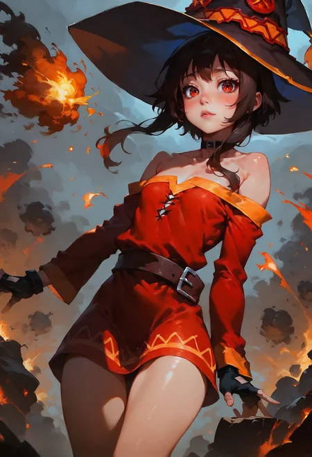 score_9, score_8_up, score_7_up, Slim girl, tiny breasts, narrow waist, wide hips, skinny, tiny, miniscule, petite, small arms, small legs, small body, megumin, bare shoulders, black gloves, black hair, blush, choker, collarbone, dress, fingerless gloves, gloves, hair between eyes, hat, long sleeves, medium hair, off-shoulder dress, off shoulder, red dress, red eyes, sidelocks, witch hat, in chernobyl, nuke, explosion, 1girl, delicate and smooth skin, blush, perfect body, thighs, highly detailed, glossy lips, <lora:Concept Art DarkSide Style LoRA_Pony XL v6:0.8> concept art, <lora:GwentStyle_v2:0.6> gwentstyle <lora:Expressive_H-000001:0.8> expressiveh