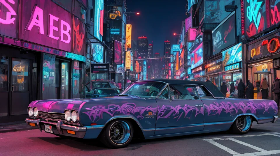 photo of cyberpunk ((retro lowrider car) <lora:lowrider:0.4>,:1.1), at the parking lot, at night city,manhattan city background, beautiful sunset, the buildings are covered in (futuristic graffiti:1), many buildings have neon signs, in the style of Moebius <lora:Moebius (Jean Giraud) Style:1>