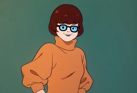 score_9, score_8_up, score_7_up BREAK VelmaCl, 1girl, brown bob cut, black eyes, glasses, orange turtleneck sweater, short red pleated skirt, orange knee-high socks, red mary jane shoes, posing for viewer, smiling, closeup, closeup shot,