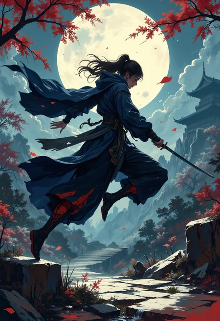 A captivating digital artwork of a female shinobi warrior, captured in a moment of dynamic motion amidst the shadows of a feudal Japanese night. Her silhouette is defined by the fluid lines of her midnight blue shinobi attire, with crimson accents hinting at her presence as she leaps through the air. The lighting is dramatic, with moonlight casting long, ominous shadows across the garden's stone pathways and cherry blossom trees. The composition frames her in mid-air, her body arched in a powerful arc, as if she is about to land or spring from the shadows. Her arms are extended, one hand grasping a katana, its blade glinting faintly in the moonlight, while the other hand is outstretched, ready to strike or grasp. The background is a blur of dark foliage and the faint outline of a feudal castle, emphasizing her speed and stealth. The emotional impact is one of intense action and suspense, as if the viewer is witnessing a pivotal moment in a high-stakes mission. The artistic technique emphasizes bold contrasts between light and shadow, creating a sense of kinetic energy and urgency. Digital art, dynamic ninja pose, dramatic lighting, feudal Japan..In the style of ff-td, DB4RZ, DB4RZ style painting