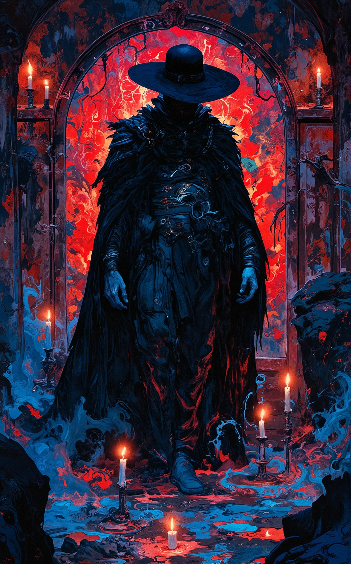 Off-center composition, candlelit setting emphasizing warm, intimate tones, Michael Fassbender as a desperate Vampire Hunter entering deeper into darkness, in a 90s sci-fi movie, entering the pitch black depths of a vampire invested hell hole, wearing a black cape and large black hat, baroque, futuristic, cyberpunk elements, portal into darkness, dim glowing neon lights leading the way, manga style luxury product style dark art by Kim Keever, Photography, renaissance art by Gerard David, Painting, , Flemish Renaissance, religious art, detailed and luminous compositions, rich colors, Experimental photography, underwater landscapes, abstract compositions, exploration of color and light . elegant, sophisticated, high-end, luxurious, professional, highly detailed . vibrant, high-energy, detailed, iconic, Japanese comic style