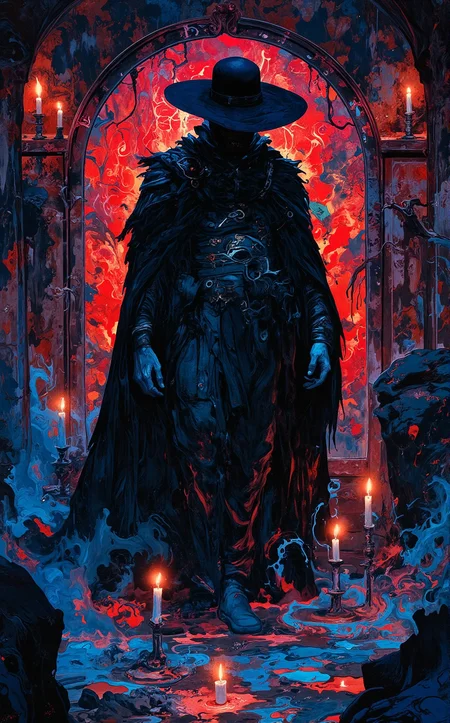 Off-center composition, candlelit setting emphasizing warm, intimate tones, Michael Fassbender as a desperate Vampire Hunter entering deeper into darkness, in a 90s sci-fi movie, entering the pitch black depths of a vampire invested hell hole, wearing a black cape and large black hat, baroque, futuristic, cyberpunk elements, portal into darkness, dim glowing neon lights leading the way, manga style luxury product style dark art by Kim Keever, Photography, renaissance art by Gerard David, Painting, , Flemish Renaissance, religious art, detailed and luminous compositions, rich colors, Experimental photography, underwater landscapes, abstract compositions, exploration of color and light . elegant, sophisticated, high-end, luxurious, professional, highly detailed . vibrant, high-energy, detailed, iconic, Japanese comic style
