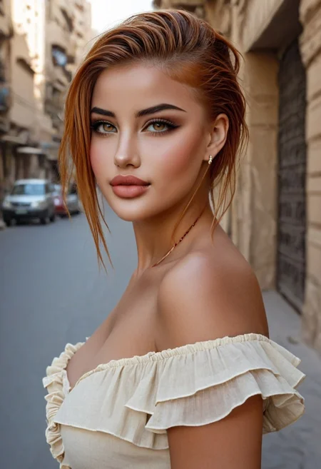 portrait from 23yo busty beauty AM33R4 alluring in street, wearing offshoulder ruffle dress, sphagetti straps, stylish hair