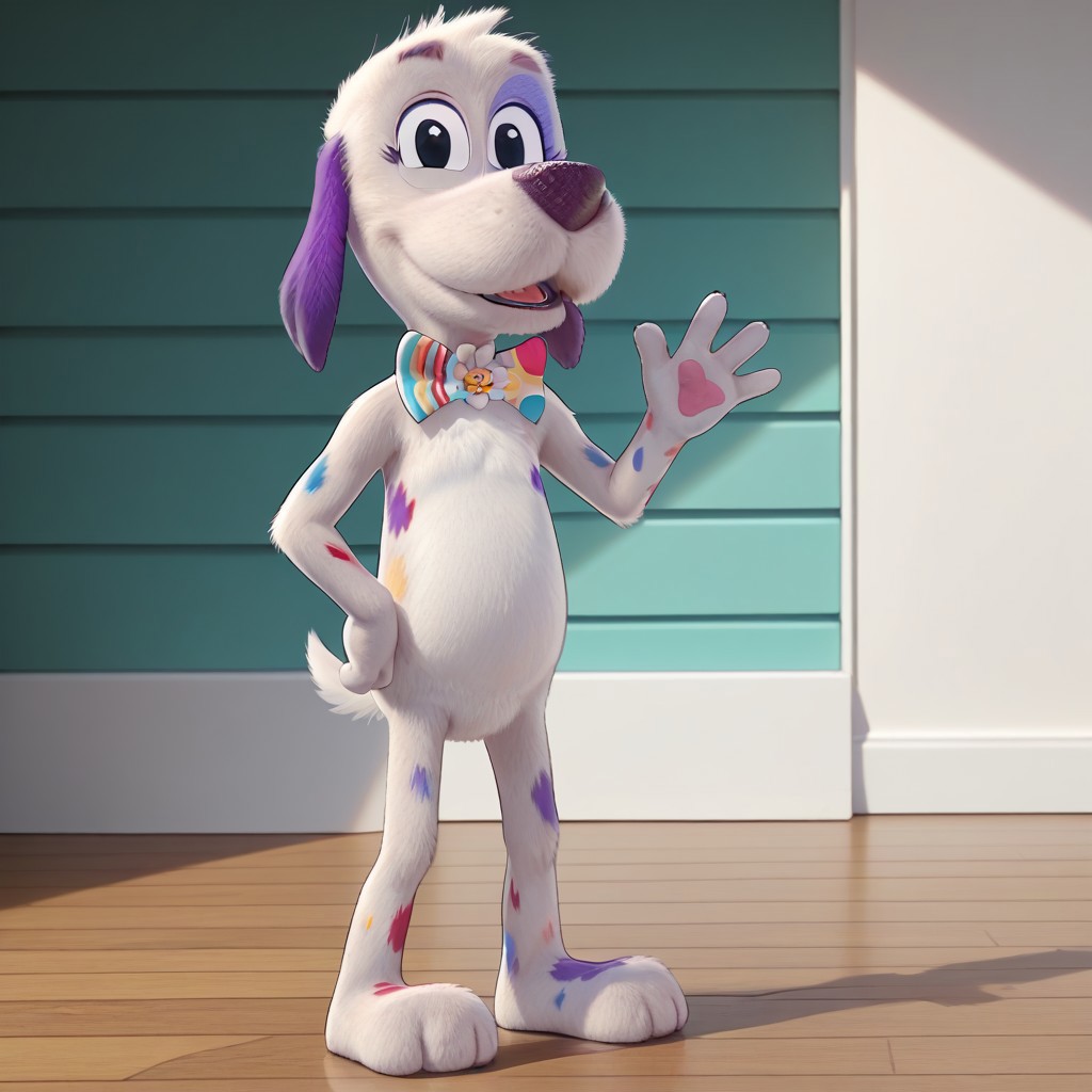 score_9, score_8_up, score_8, score_7, source_cartoon, Cheddar(GDG), Solo, 1girl, anthro, furry female, dog, dog girl, white fur, spotted fur, colored spots, purple ears, black eyes, dog tail, colorful bowtie, looking at viewer, waving at viewer, full body, smiling, standing, living room background