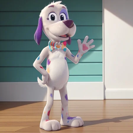 score_9, score_8_up, score_8, score_7, source_cartoon, Cheddar(GDG), Solo, 1girl, anthro, furry female, dog, dog girl, white fur, spotted fur, colored spots, purple ears, black eyes, dog tail, colorful bowtie, looking at viewer, waving at viewer, full body, smiling, standing, living room background