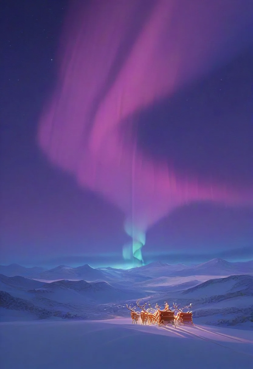 masterpiece, best quality, wonderful quality, snowy highway, Santa's sleigh in an empty ice field, reindeer. strong colors. laughing sun in the sky, night sky with aurora borealis, milky way shining in the horizon.