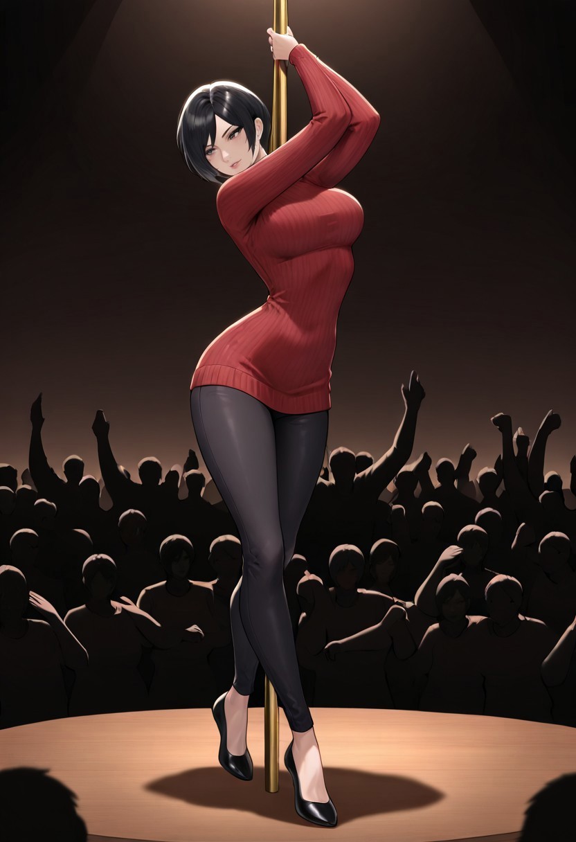 masterpiece, best quality, newest, absurdres, highres, anime, anime style, SA-V1.0IL, silhouette, crowd, audience, shadow, background charcters, 
1girl, Ada_wong, \(resident evil\), asian, asian female, short hair, black hair, sweater, red sweater,



pole, polde dancing, dance,