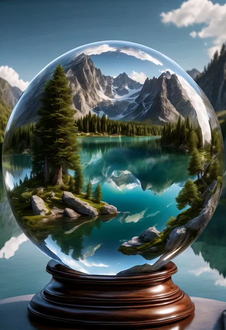 RAW photo of a mountain lake landscape, inside a glassball, clear water, , highly detailed, photorealistic, ultra-realistic photo, 8k, UHD,  soft lighting, reflections, high quality, film grain, Fujifilm XT3, (masterpiece, panoramic),Jed-Gball