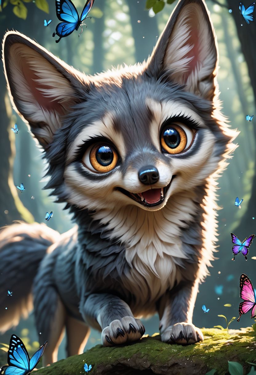 score_9, score_8_up, score_7_up, score_6_up, score_5_up, score_4_up, extremely detailed, 1girl, ((cute female wolf, big eyes)), (fur), (detailed face), (happy, relaxed), (((chasing after butterlies))), reflection, (fantasy enchanted rainforest background, butterfly particles, lots of details), sharp focus,