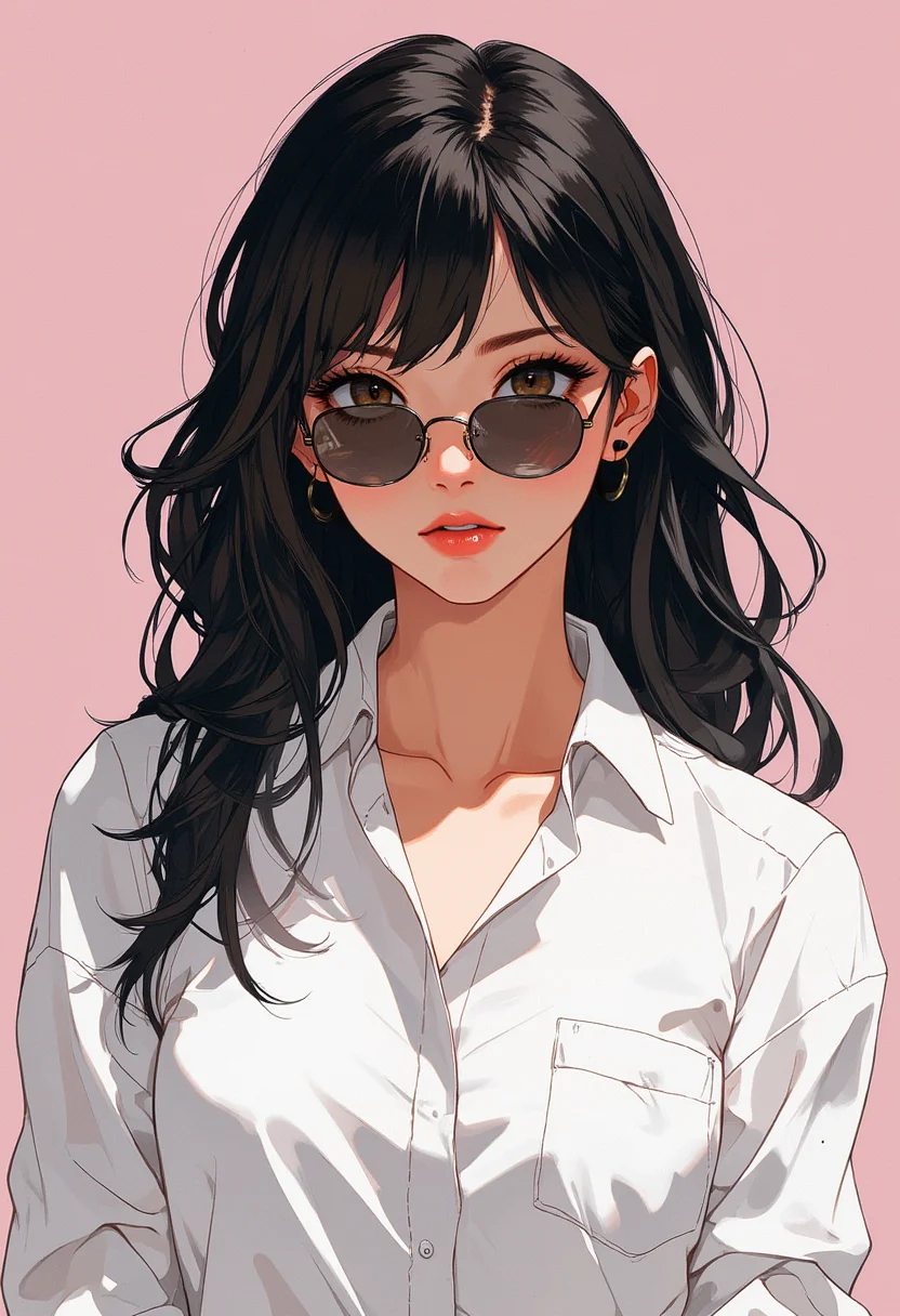 anime, niji, a painting of a woman with glasses and black hair, 1girl, solo, looking at viewer, shirt, black hair, brown eyes, white shirt, lips, sunglasses.