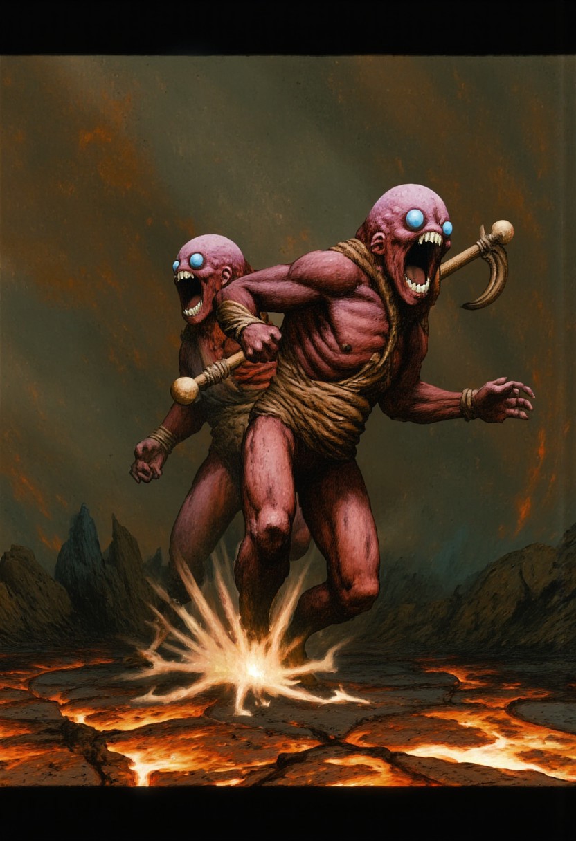 b3rs3rk macro lens d4concept pov, 3D01S, simple background d4artstyle atmospheric and powerful MikeFranchinastyle dark fantasy, natural organic and first person pov of a berserk style creature in the Tsutomu Nihei style
Nightmarish two-headed beast rising from molten ground, dark fantasy horror. Each head has three milky, pupilless eyes arranged vertically, with gaping maws full of needle-like teeth, locked in a perpetual scream. Its skin is a mix of reddish-brown scales and brain-like folds, with deep brow ridges and sunken cheeks that give it an ancient, primordial look.
The beast has a muscular humanoid torso, hunched and powerful, with thick arms and oversized hands ending in sharp claws. Its lower body is submerged in fiery, cracked earth, suggesting a more monstrous form beneath. The creature wields a long staff or spear with a curved, scythe-like blade, adorned with primitive wrappings.
The environment is shrouded in swirling smoke and molten rock, with lava casting a hellish glow. Cracks in the ground pulse with golden light, hinting at intense heat. The art style combines realism with dark fantasy, focusing on intricate details of the creature's skin and features. Warm browns, reds, and oranges dominate, while the lighting emphasizes the horror of the scene.
UHD letterboxed game trailer frame chromatic aberration dark atmosphere sharp masterpiece with a focus on the character, elden ring, dark atmosphere