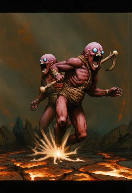 b3rs3rk macro lens d4concept pov, 3D01S, simple background d4artstyle atmospheric and powerful MikeFranchinastyle dark fantasy, natural organic and first person pov of a berserk style creature in the Tsutomu Nihei style
Nightmarish two-headed beast rising from molten ground, dark fantasy horror. Each head has three milky, pupilless eyes arranged vertically, with gaping maws full of needle-like teeth, locked in a perpetual scream. Its skin is a mix of reddish-brown scales and brain-like folds, with deep brow ridges and sunken cheeks that give it an ancient, primordial look.
The beast has a muscular humanoid torso, hunched and powerful, with thick arms and oversized hands ending in sharp claws. Its lower body is submerged in fiery, cracked earth, suggesting a more monstrous form beneath. The creature wields a long staff or spear with a curved, scythe-like blade, adorned with primitive wrappings.
The environment is shrouded in swirling smoke and molten rock, with lava casting a hellish glow. Cracks in the ground pulse with golden light, hinting at intense heat. The art style combines realism with dark fantasy, focusing on intricate details of the creature's skin and features. Warm browns, reds, and oranges dominate, while the lighting emphasizes the horror of the scene.
UHD letterboxed game trailer frame chromatic aberration dark atmosphere sharp masterpiece with a focus on the character, elden ring, dark atmosphere