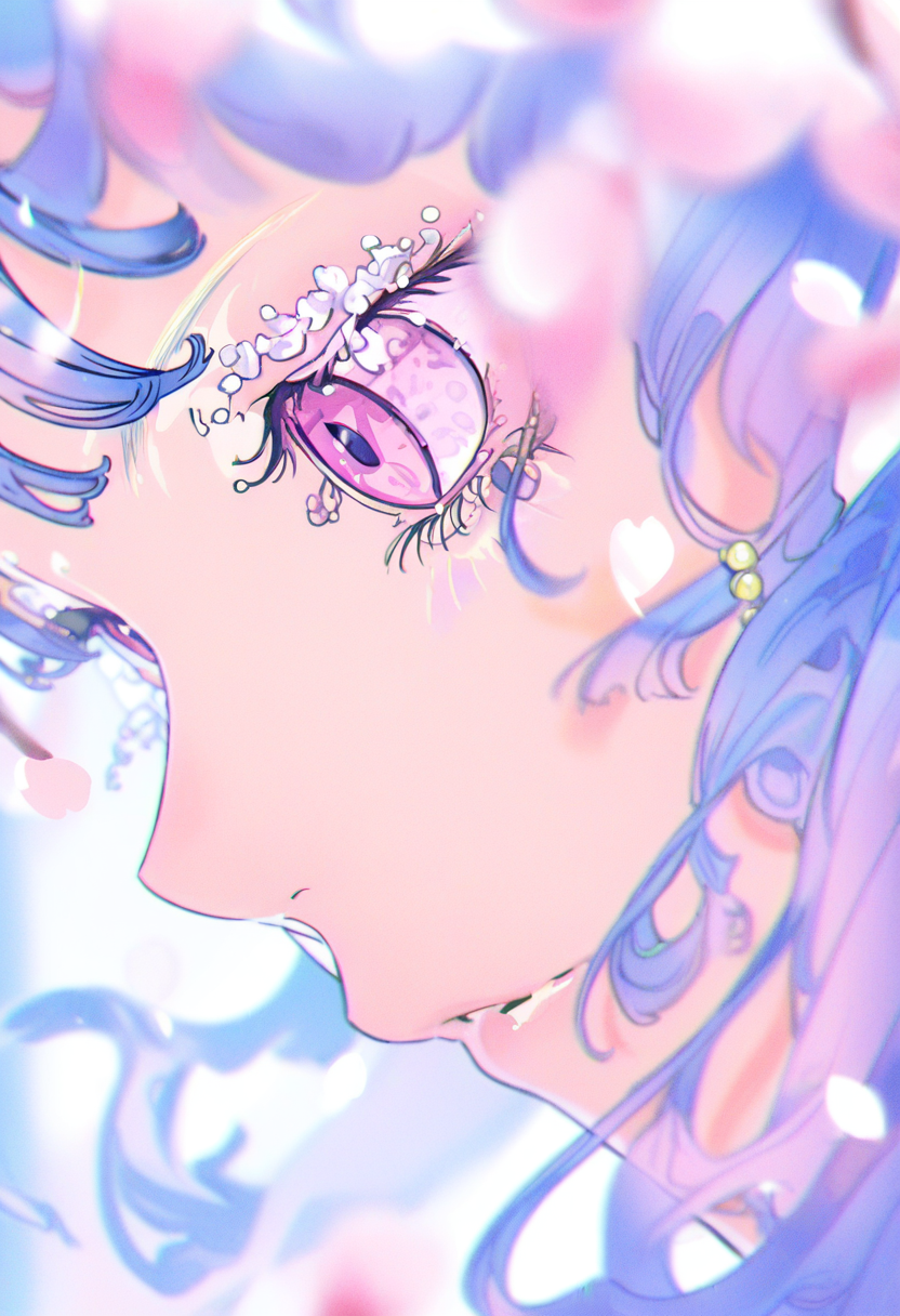 1girl, solo, eyelashes, portrait, pink eyes, petals, long hair, blurry, close-up, earrings <lora:yoneyamaiXL_NBVP1_lokr_V6311PZ:0.95>