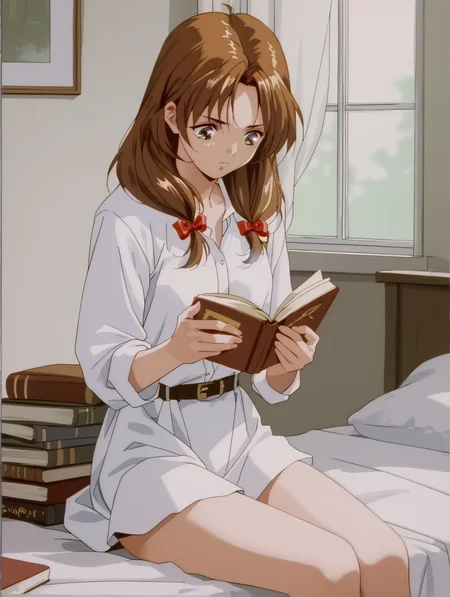 score_9, score_8_up, score_7_up, <lora:words-worth-ponyxl-000009:1> w0rdm3w, hair down, short dress, white shirt, 1girl, solo, sitting, bedroom, book, reading, cowboy shot