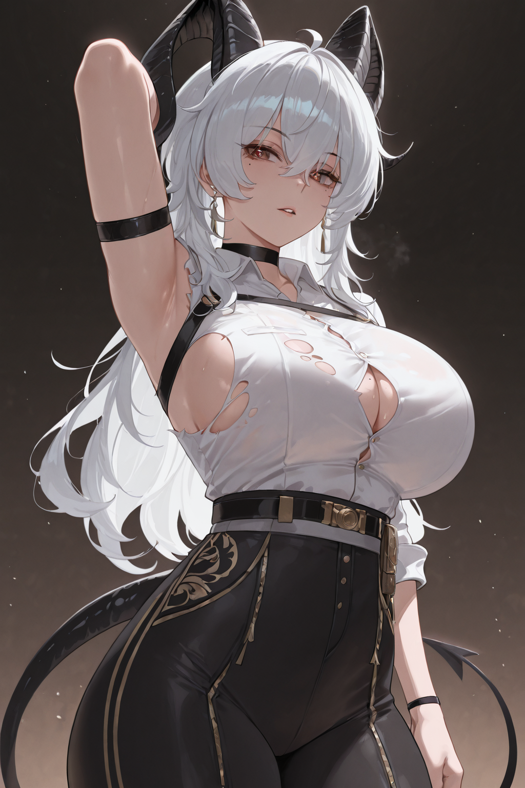 masterpiece,best quality,amazing quality,absurdres, <lora:Zani_Wuthering_Waves:1>, ZanDS, 1girl, arm strap, arm up, armpits, black choker, black horns, black pants, black tail, breasts, button gap, choker, cowboy shot, curled horns, hair between eyes, high-waist pants, horns, large breasts, mole, mole under eye, pants, parted lips, red eyes, shirt, shirt tucked in, solo, tight clothes, tight pants, torn clothes, torn shirt, white shirt