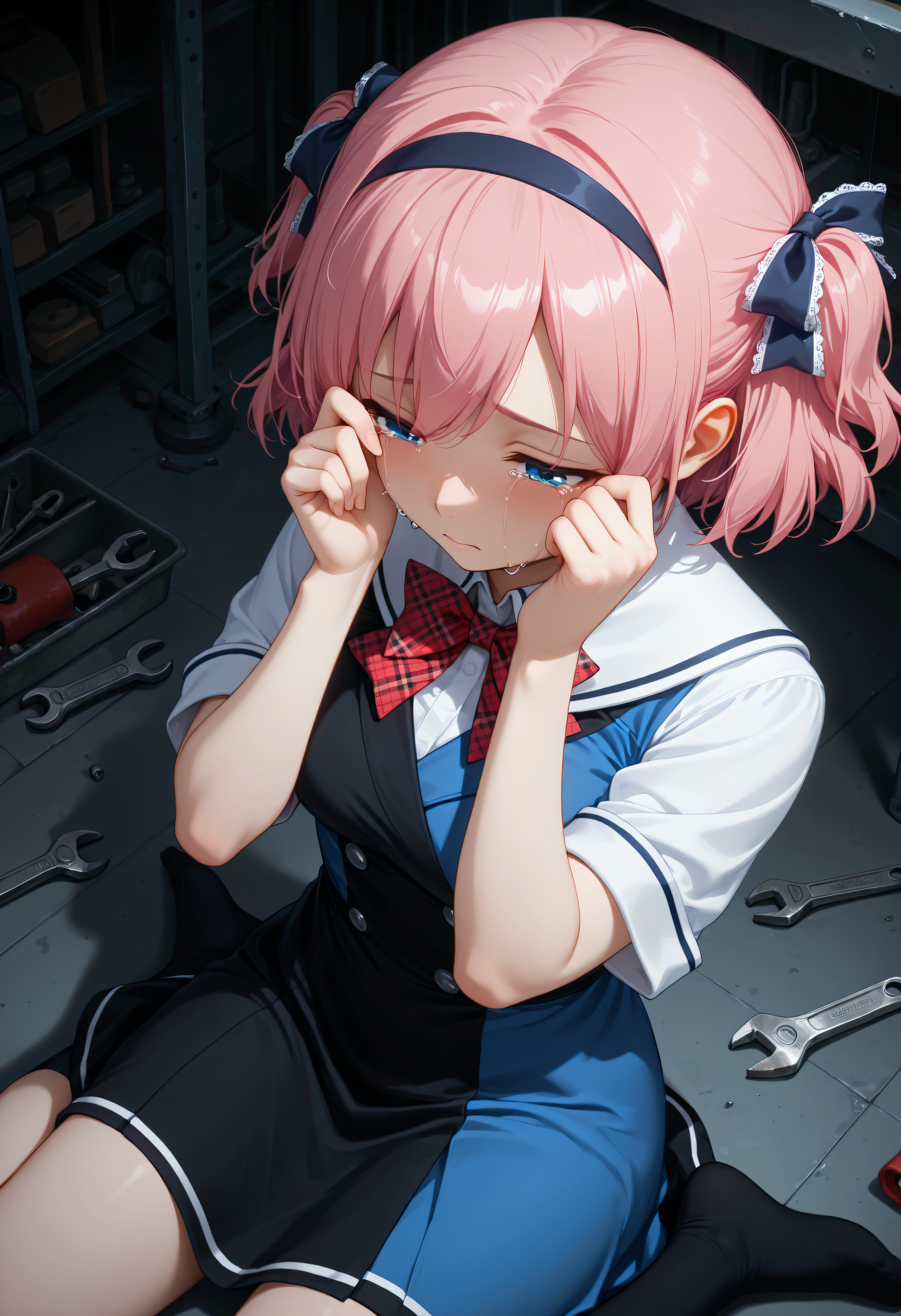 solo, 1girl, <lora:Char_KomineSachi:1>, blue eyes, pink hair, short hair, two side up, hair ribbon
S4ciSch, hairband, asymmetrical dress, two-tone dress, blue dress, black dress, double-breasted, red bowtie, plaid bowtie, sailor collar, short sleeves, white sleeves,
workshop, wrench, from above, dark, wariza, looking down, hands on own face, rubbing eyes, crying, very awa, masterpiece, best quality, highres, absurdres