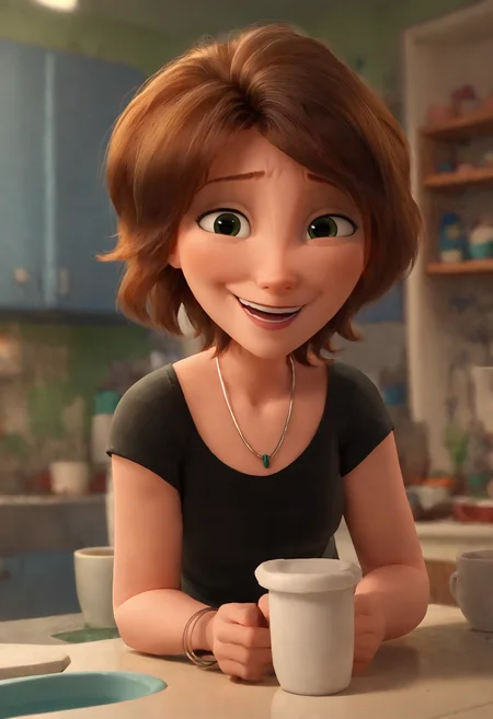 <lora:AuntCassBH6Pony1.0:1>AuntCass, 1girl, jewelry, brown hair, solo, necklace, smile, short hair, open mouth, looking at viewer, cup, indoors, green eyes, black shirt, bracelet, score_9, score_8_up, score_7_up, score_6_up, score_5_up, score_4_up, looking at viewer,