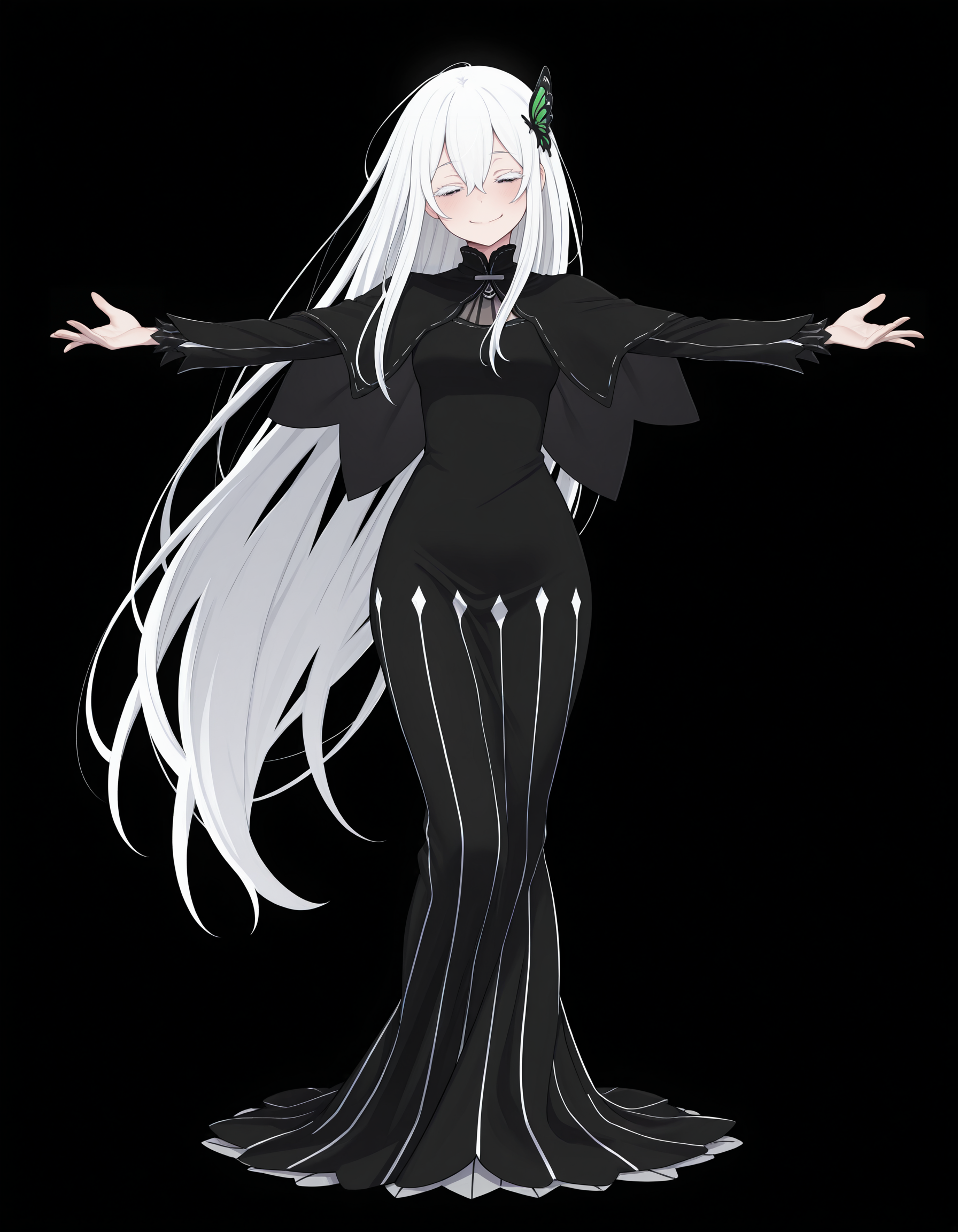 <lora:Echidna_1:1>ech1dna, colored eyelashes, hair between eyes, white hair,
echidn4dress, black dress, vertical-striped dress, capelet, long sleeves, butterfly hair ornament, 
full body, closed smile, outstretched arms, 
simple background, black background,, masterpiece, best quality, amazing quality