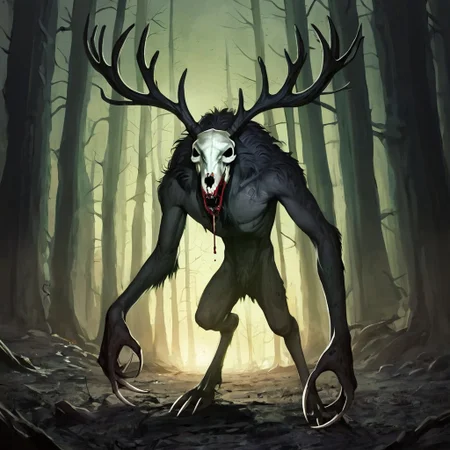 score_7_up, score_8_up, score_9_up, cinematic film still of <lora:Low-key lighting Style:1> dim light, low light, dramatic light, partially covered in shadow, Deep shadows, realistic, gaunt, long limbs, wendigo, highly detailed, monster, skull head, large antlers, claws, dark fur, glowing eyes, torn skin, exposed bones, gaping maw, sharp teeth, drooling, bloody,
dynamic lighting, (outside, woods), nighttime, film grain, black and white photo