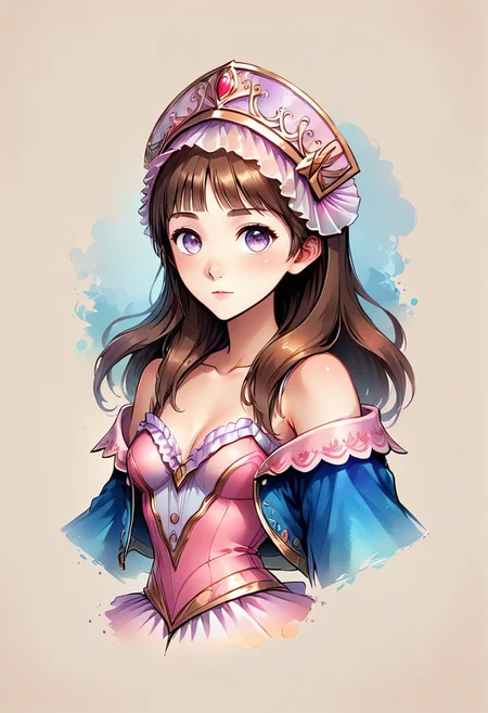 Faded Headshot, faded bottom, faded edges ,score_9,score_8_up,score_7_up,score_6_up,score_5_up,
1girl, totooria helmold, \(Atelier Totori\)/,(ultra HD quality details), brown hair, long hair, hair over shoulder, bangs, light purple eyes,
pink dress, two-tone dress, frills, collarbone, bare shoulders, off shoulders, jacket, blue jacket, white skirt, blue sleeves, detached sleeves, pink headdress, pink footwear,
, digital illustration, disney, rule 63, full body, perfect anatomy, perfect face, butt showing esthetically, abstract beauty, beautiful, centered, looking at the camera, approaching perfection, dynamic, moonlight, highly detailed, watercolor painting, artstation, concept art, smooth, sharp focus, illustration,
(upper body:1.2), (close up:1.5), portrait, small breasts,