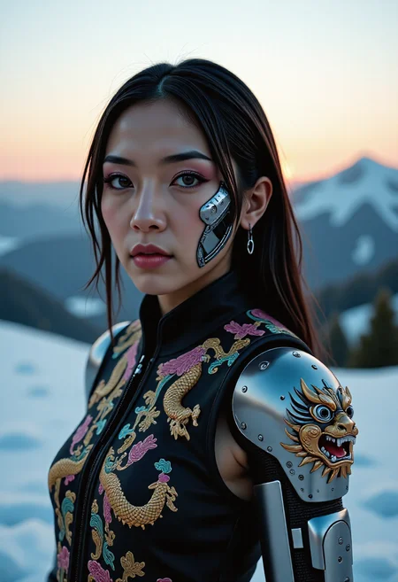 In a serene post-apocalyptic world, a young asian woman, a vision of ninjapunk elegance, stands amidst a snowy landscape as the dawn sun peaks over the mountain range. Her olive skin and long dark hair frame her striking features, enhanced by mechanical_arms and mystical makeup. Her captivating eyes, one a dimly lit mechanical eye, the other a natural gray-blue eye, add to her ethereal beauty. Her wide mouth and full lips make her captivating. She wears a traditional garment, ornate with intricate chinese dragons on the top of her mechanical_arms, her outfit a variation of dark pastel_colors, a testament to ancient cultures. <lora:artist/wlop:1.0>, style of wlop, <lora:Magic of Art 2 (FLUX):1.0>, Cinematic style, Beauty, Realism, Photorealism, Chiaroscuro, High quality, <lora:flux/aeshteticv2:1.0>, aesthetic_pose, dynamic_pose, <lora:flux/flux_realism_lora:1.0>,