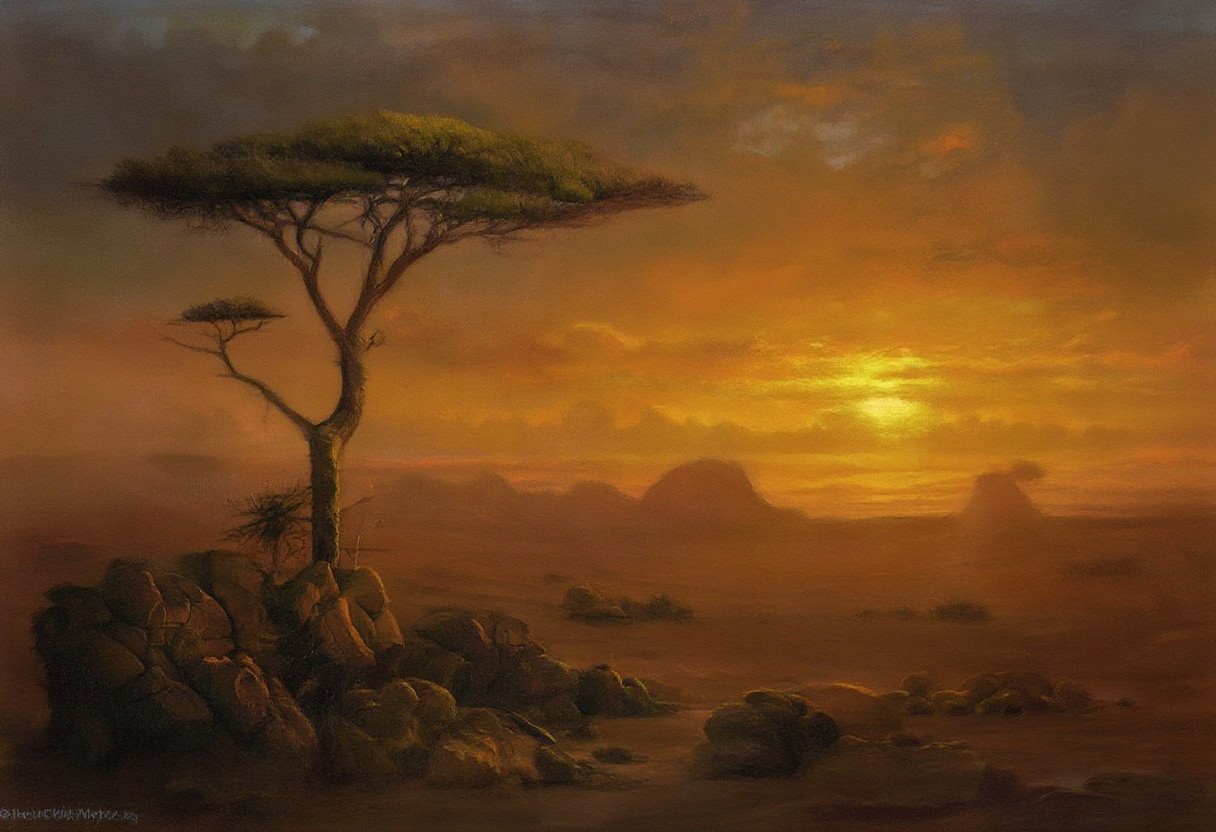 YFG-P@int, freakz, A lone acacia tree silhouetted against a fiery sunset in the African desert. Fine, golden sand dunes stretch to the horizon, rippling in the warm breeze. The sky is a canvas of vibrant oranges, reds, and deep purples. A scattering of weathered rocks rests in the foreground, catching the last rays of sunlight. The air is hazy with dust, creating a soft, ethereal glow. Captured in the style of a National Geographic photograph, showcasing the raw beauty and grandeur of the African landscape.