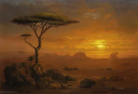 YFG-P@int, freakz, A lone acacia tree silhouetted against a fiery sunset in the African desert. Fine, golden sand dunes stretch to the horizon, rippling in the warm breeze. The sky is a canvas of vibrant oranges, reds, and deep purples. A scattering of weathered rocks rests in the foreground, catching the last rays of sunlight. The air is hazy with dust, creating a soft, ethereal glow. Captured in the style of a National Geographic photograph, showcasing the raw beauty and grandeur of the African landscape.