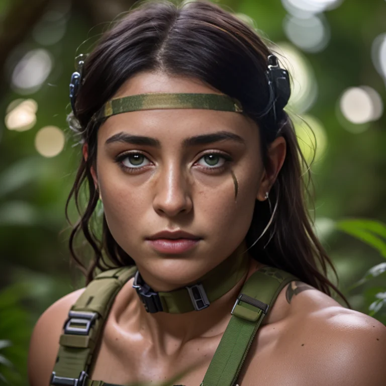 Closeup film still, of (young female Rambo), wearing tactical harness, (hiding in the jungle), (lush vegetation), (raining:0.8), dense jungle, toned body, beautiful face, seductive eyes, (war paint), (bloody:0.7), (highly detailed, hyperdetailed, intricate), edge lighting, prominent projected shadows, deep soft depth of field, photographed on a Sony a9 II, 35mm film lens, F/8 aperture, sharp focus, (RAW), cinematic film still from First Blood