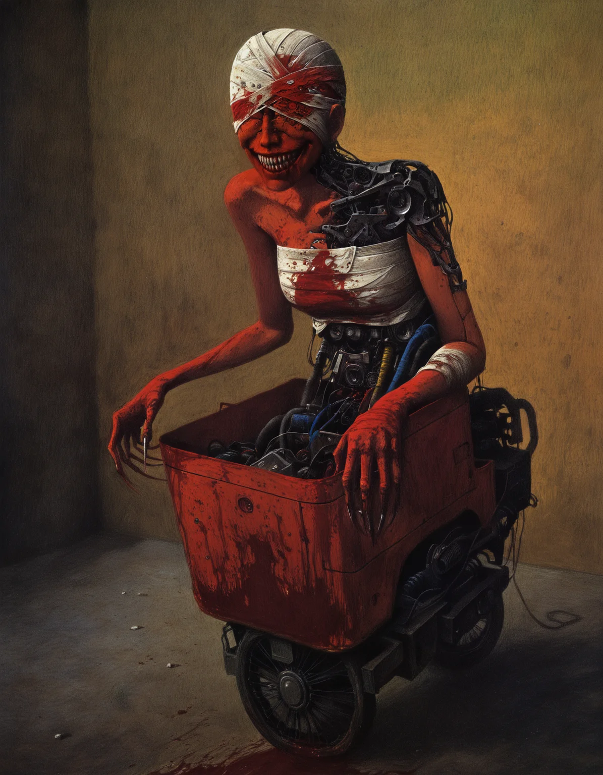 best quality, high res, masterpiece, (detailed:1.1), oil painting \(medium\),  painterly,  realistic, perspective, traditional media, artist: beksinski, no eyes, 1girl, claws, bandages, blood, smile, sharp teeth, evil smile, engine, mechanical parts, color, bold details,
 <lora:artist Beksinski Illustrious01:0.7>