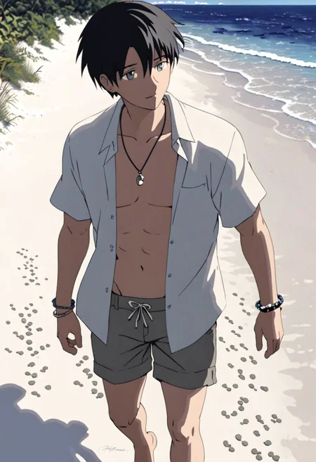 Highres, Masterpiece, High Quality, 4K, 8K, solo, 1Boy, Takaki Toono, adult, black hair, short hair, beach, calm, white sand, small coral, pebbles, clear sky, quiet, peaceful, walking, candid, breeze, footprints, happy, open shirt, shorts, sixpack, necklace, bracelet, easynegative, detailed_eye_model