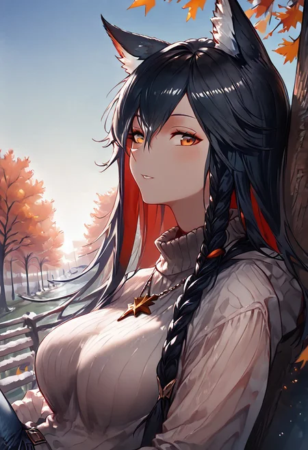 1girl, texas (arknights), female, young, wolf girl, wolf tail, wolf ears, animal ear fluff, amber eyes, multicolored hair, black hair, red inner hair, slender body, (medium breasts:1.3, round breasts, perfectly shaped breasts), sweater, denim pants, (petite body:1.4), happy, looking at viewer, park, laying against a tree, taut clothing, (headshot:1.3), extremely tight shirt, inviting expression, side view, jeweled necklace, dutch angle, dark eyeliner, autumn colors, cornrow braids, head turned, head back, score_9, score_8_up, score_7_up, (masterpiece, best quality, very aesthetic, ultra detailed), intricate details, beautiful face, detailed eyes, detailed background, granblue_fantasy_style_xl, expressiveh, light from above