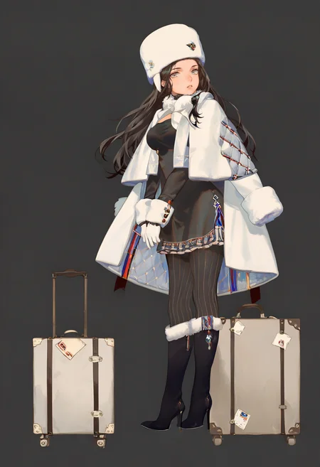 1girl, solo, high heels, pantyhose, long hair, fur trim, gloves, boots, hat, white background, dress, white gloves, fur hat, simple background, striped clothes, coat, full body, black dress, breasts, black footwear, vertical-striped clothes, high heel boots, looking at viewer, suitcase, black hair, brown hair, black pantyhose, standing, knee boots, parted lips, thighhighs, striped pantyhose, vertical-striped pantyhose, medium breasts, ushanka <lora:reiXL_NB11_lokr_V6311P:0.95>