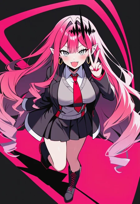 1girl,black_jacket,black_skirt,blush,boots,collared_shirt,earrings,grey_eyes,grey_sweater,hoop_earrings,jacket,jewelry,large_breasts,long_hair,long_sleeves,looking_at_viewer,necktie,one_eye_closed,open_mouth,pink_hair,pointy_ears,doctor_uniform,shirt,sidelocks,skirt,solo,sweater,tiara,v,white_shirt,<lora:baobhan-sith-fate-xl:0.5>,baobhan-sith-(fate),
