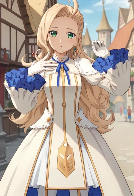 score_9, score_8_up, score_7_up, source_anime, masterpiece, 1girl, ctiant3r3sa, dress, long sleeves, frilled sleeves, earring, white gloves, blue ribbon, pelvic curtain, short skirt, white pantyhose, leaning forward, looking at viewer, outdoors, town, sunny, depth of field, chestnut mouth, close-up, hand up, <lora:Teresa_Lineres_pony_ct:1>,
