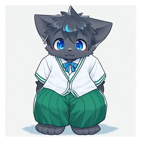 score_9, score_8_up, male focus, solo, full body, digital art, highly detailed, cat, green trousers, white shirt, school uniform, male school uniform, high school uniform, blue eyes, black fur, black body, furry, kemono, cute, anthro, zPDXL2