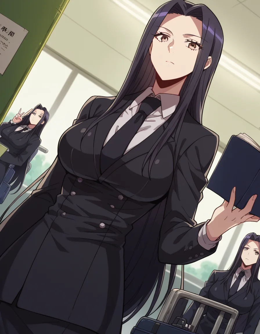 score_9, score_8_up, score_7_up, source_anime, <lora:kuroko-smith-s1-ponyxl-lora-nochekaiser:1>, kuroko smith, long hair, black hair, parted bangs, brown eyes, large breasts,, shirt, necktie, formal, suit, black necktie,, airport, waiting area, suitcase, flight delayed, passengers, reading book, , looking at viewer, v,, solo,, dutch angle,