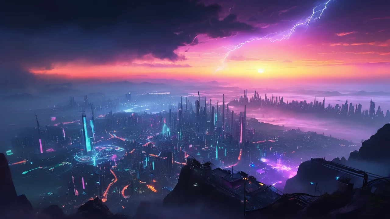 gorge , , on top of a scyscrapper, futuristic cyberpunk city skyline in the background with many neon lights and smog, , sunrise with morning fog near ground , sunlight with godrays, , thunderstorm, many small clouds, lighting strikes, ,
photo raw