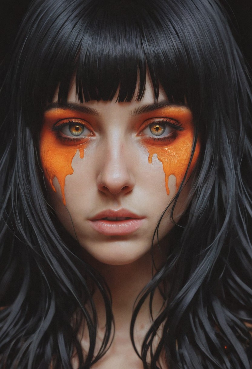Illustration by Katsuhiro Otomo, A surreal close-up of a beautiful caucasian woman 20 years old, bob long hair black hair and white bangs; face where the skin appears to crack open like ceramic, revealing molten lava underneath. The cracks are glowing bright orange, and the person's eyes have an intense, fiery glow. The hair is a smoky black, with embers flickering at the tips. The lighting is dramatic, casting harsh shadows that enhance the molten effect. The atmosphere is otherworldly and intense, with a burning, apocalyptic feel.    <lora:FLUX-daubrez-DB4RZ:0.83> DB4RZ, DB4RZ style painting, <lora:ILLUSTRATION_2_FLUX v2:0.53> <lora:Fantastic Realism - s0_8 g4:0.43> f4nt4st1c,