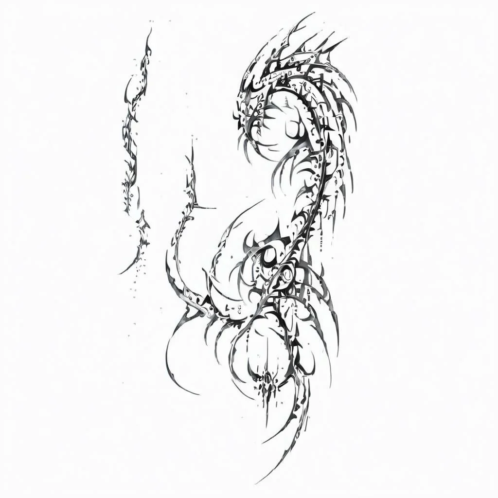masterpiece, best quality, anime girl, ghost in the shell style, cyberpunk, cybersigilism, neotribal, tribal style tattoo, sketch, highlights, sparkle, gradient, greyscale, monochrome, no humans, white background, simple background, solo