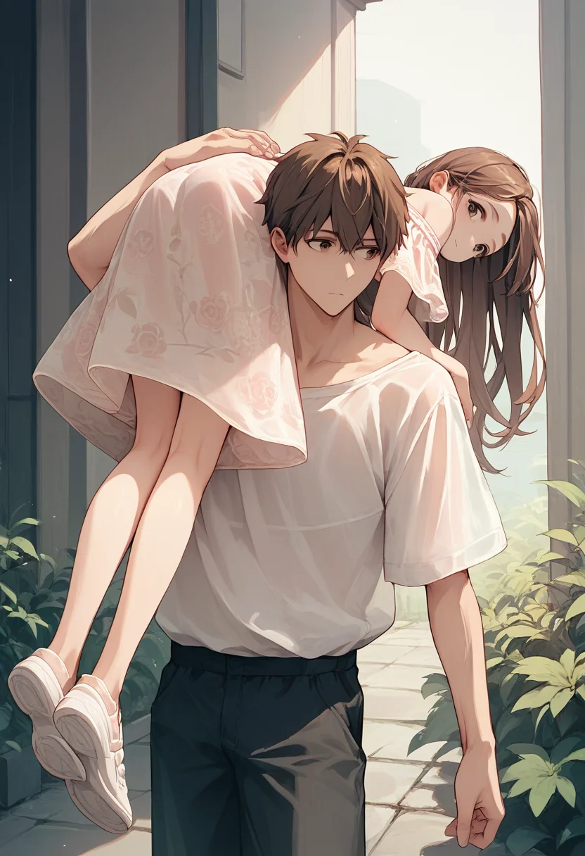 score_9, score_8_up, score_7_up, score_6_up, source_anime, 1girl, long hair, brown hair, 
off shoulder, floral dress, see-through, short dress, 
1boy, carrying,looking back,
<lora:floral_offshoulder_dress_v1.1-pony:1> 
<lora:carrying_over_shoulder_v0.4-pony:1.0>