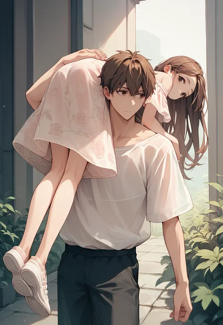 score_9, score_8_up, score_7_up, score_6_up, source_anime, 1girl, long hair, brown hair,
off shoulder, floral dress, see-through, short dress,
1boy, carrying,looking back,
<lora:floral_offshoulder_dress_v1.1-pony:1>
<lora:carrying_over_shoulder_v0.4-pony:1.0>