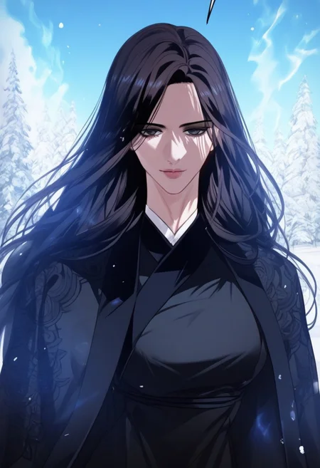 highly detailed, masterpiece, score_9,score_8_up,score_7_up, (manhwa artstyle), SeoBeakHyang, black eyes, black hair, long hair, demon lord uniform, cowboy shot, looking at viewer, aura, snowy background, outdoor, upper body, breasts