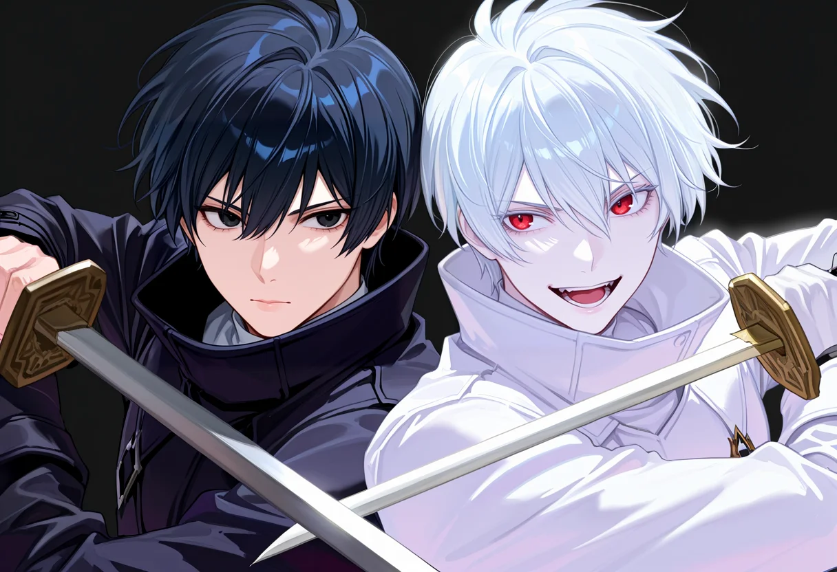 masterpiece, high quality, absurdres, simple background, white background, 2boys, male focus, black vs white, dual persona, upper body, black hair, black eyes, black coat, weapon, holding sword, holding weapon, pointing sword, closed mouth, <lora:sword_to_throat:0.5>
masterpiece, high quality, absurdres, simple background, black background, 2boys, male focus, black vs white, dual persona, upper body, colored skin, red eyes, white hair, white coat, white skin, holding sword, holding weapon, pointing sword, sword to throat, open mouth, smile, <lora:sword_to_throat:0.5>