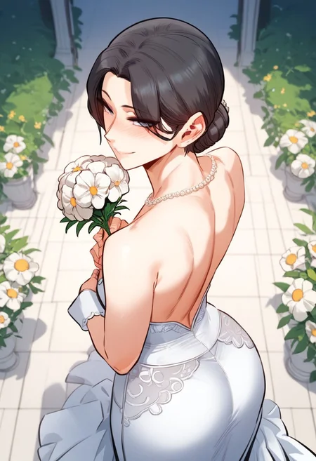zPDXL2, score_9_up, score_8_up, score_7_up, (Anime_source), high detail face, best quality, absurd res, 1girl, AhnDejeong, grey eyes, black hair, long hair, bun hair, bride clothes, jewelry, cowboy shot, looking at viewer, smile, blush, half-closed eyes, from behind, looking back, from above, flowers, wedding, (feathers, holding banquet flowers)