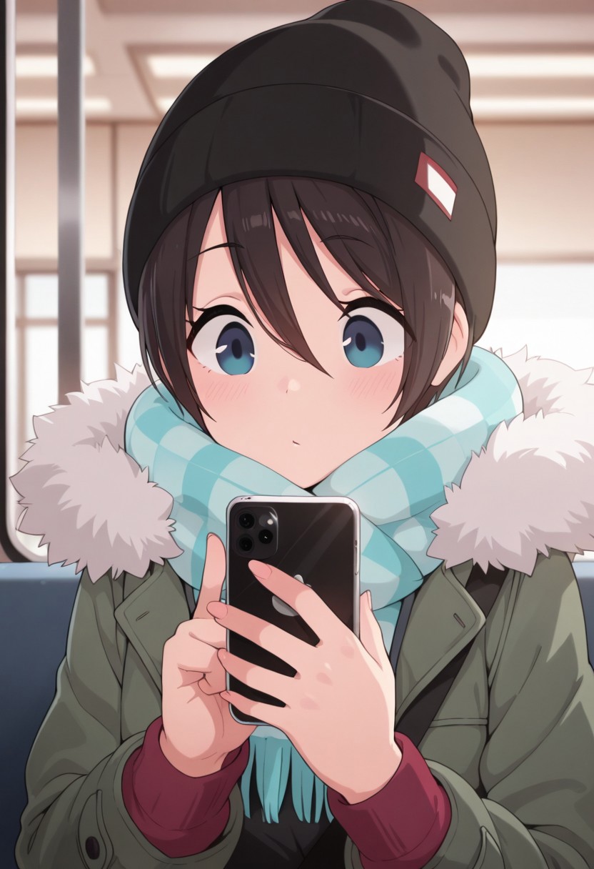 masterpiece,best quality,amazing quality, saito ena, dark brown hair, blue eyes, short hair, 1girl, phone, cellphone, solo, scarf, hat, smartphone, holding phone, holding, beanie, jacket, fur trim, black headwear, hair between eyes