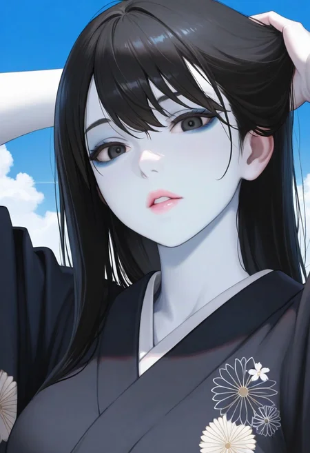 1girl, sky, black hair, long hair, masterpiece, black eyes, Yuki-Onna, coloured skin, white skin, parted lips, looking at viewer, kimono, black kimono, floral print, outdoors, arms behind head, adjusting hair, cloud, volumetric lighting, blue sky, portrait, upper body,