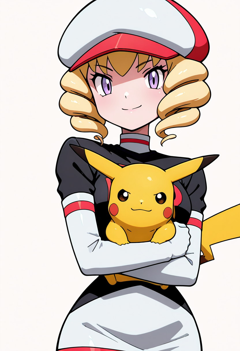 masterpiece, best quality, 1girl, solo, looking at viewer, smile,   zzDomino, purple eyes, blonde hair, drill hair, short hair,  looking at viewer, smile, skirt, simple background, gloves, hat, white background, holding, closed mouth, elbow gloves, white gloves, eyelashes, pokemon (creature), twin drills, holding pokemon, team rocket uniform, pikachu,  <lora:DominoPokemon_IXL_v2:1.0>,