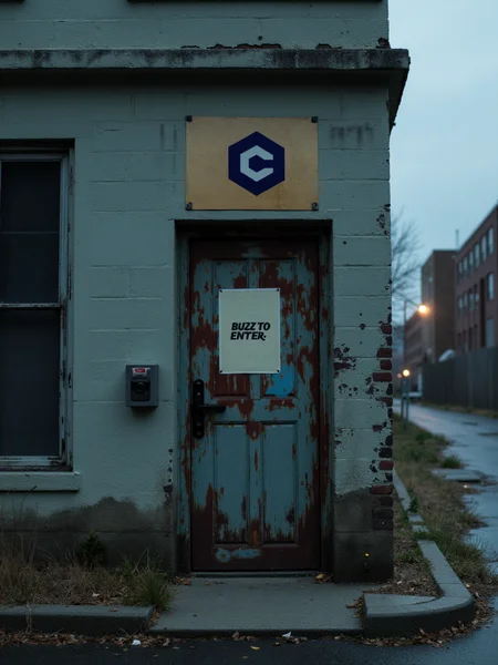 The sky above the building is overcast, hinting at an impending storm. The door creaks as if it were groaning under the weight of its secrets. The walls are a dull shade of gray concrete, marred by graffiti that seems to have been sprayed there in haste and desperation. A solitary streetlight flickers on the other side of the alley, casting an eerie glow over the scene. It's a bleak place, ill-suited for any sort of interaction or warmth.
This grungy backalley scene is dominated by a battered steel and brick building, its facade stained with age and countless previous forced entries. The door itself stands out as the focal point of this image; it's a grimy, uninviting portal leading into the unknown depths of the establishment behind it.
Above this entrance lies a worn-out sign showing a faded CivitAI logo etched onto it. To the left is a small buzzer and above that, a hardwritten "BUZZ TO ENTER" sign. The door serves as the only indication of what lies beyond this unpromising threshold. The overall atmosphere is one of intrigue tinged with a hint of unease, beckoning the viewer to consider whether they dare enter.