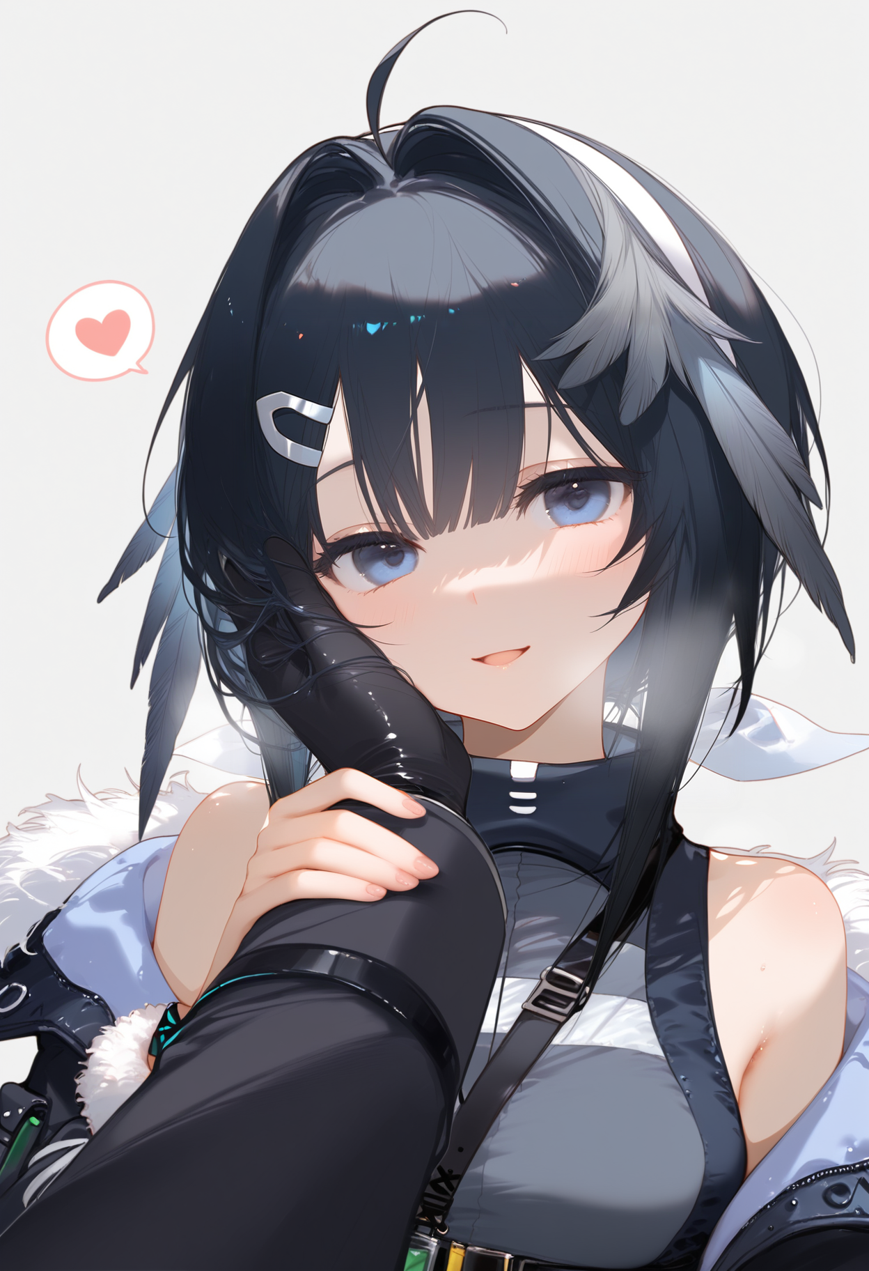 unnamed_style_3,
doctor \(arknights\), la pluma \(arknights\), 1girl, looking at viewer, blush, smile, short hair, blue eyes, simple background, shirt, black hair, long sleeves, hair ornament, white background, gloves, bare shoulders, jacket, upper body, ahoge, heart, parted lips, open clothes, sleeveless, black gloves, solo focus, hairclip, grey background, off shoulder, speech bubble, coat, black jacket, fur trim, head tilt, sleeveless shirt, pov, hair intakes, 1other, spoken heart, black coat, out of frame, fur-trimmed jacket, pov hands, hand on another's face, infection monitor (arknights), hand on another's cheek, feather hair
, masterpiece, best quality, good quality,
<lora:ai_styles_collection_noob_eps-1.1-v5:1>